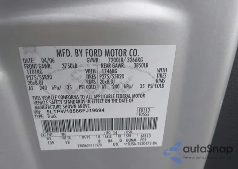 2006 Lincoln Mark Lt из США, поврежденный, VIN 5LTPW18586FJ19694